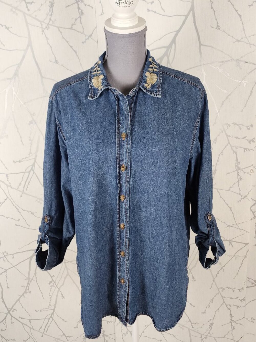 Jane + Delancey Floral Embroidered Collar Button Up Denim Shirt